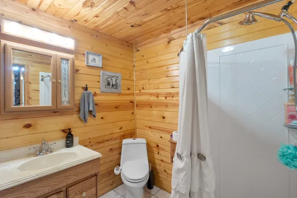 a bathroom with a sink mirror toilet and shower