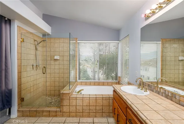 a spacious bathroom with sink shower and a bathtub
