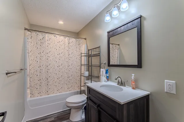 a bathroom with a sink toilet vanity and shower