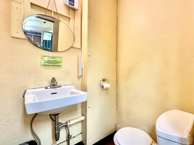 a bathroom with a sink mirror and toilet