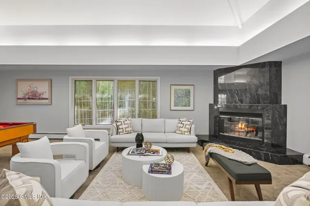 a living room with furniture and a fireplace