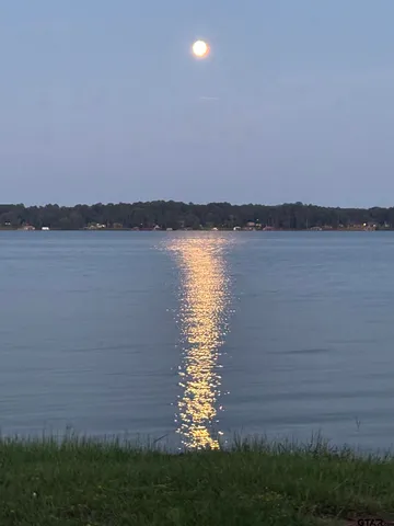 a view of a lake and green valley