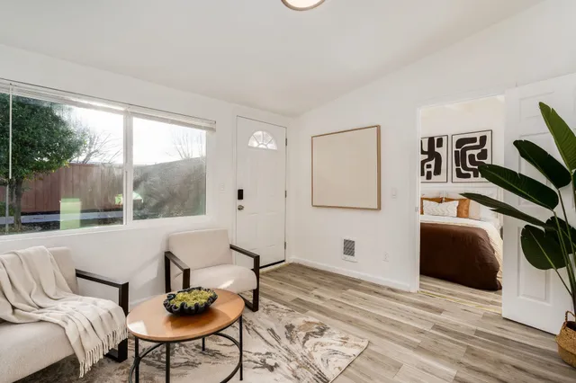 a bedroom with a large bed and a potted plant