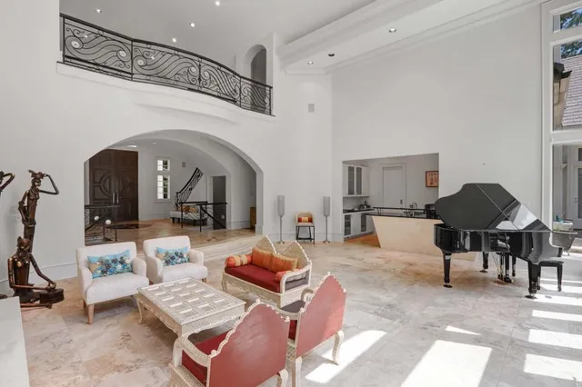 a garden view with a seating space