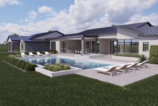 a swimming pool view with a seating space and a garden