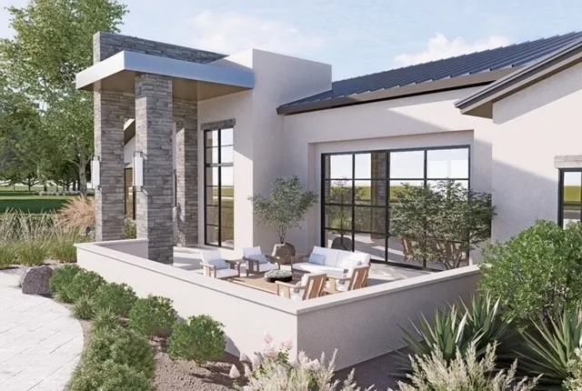 a view of swimming pool with outdoor seating and plants