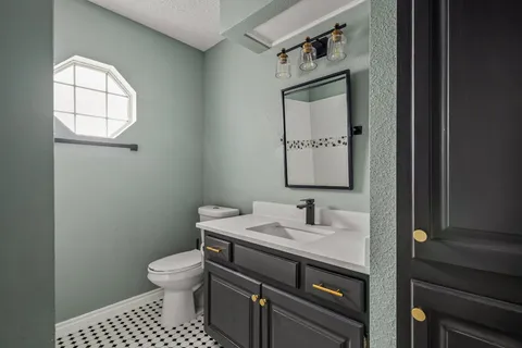 a bathroom with a sink a toilet and mirror