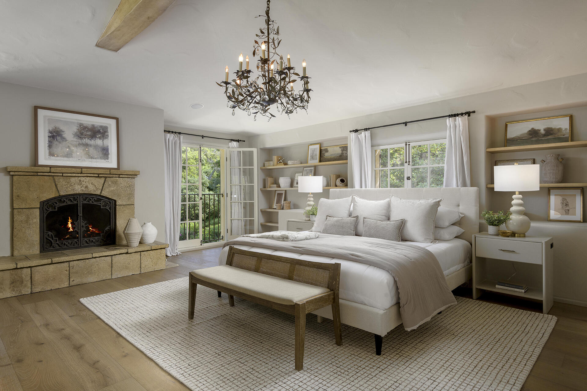 640 El Bosque Road Montecito, CA 93108 - Photo 14 of 36 a spacious bedroom with a bed and a fireplace