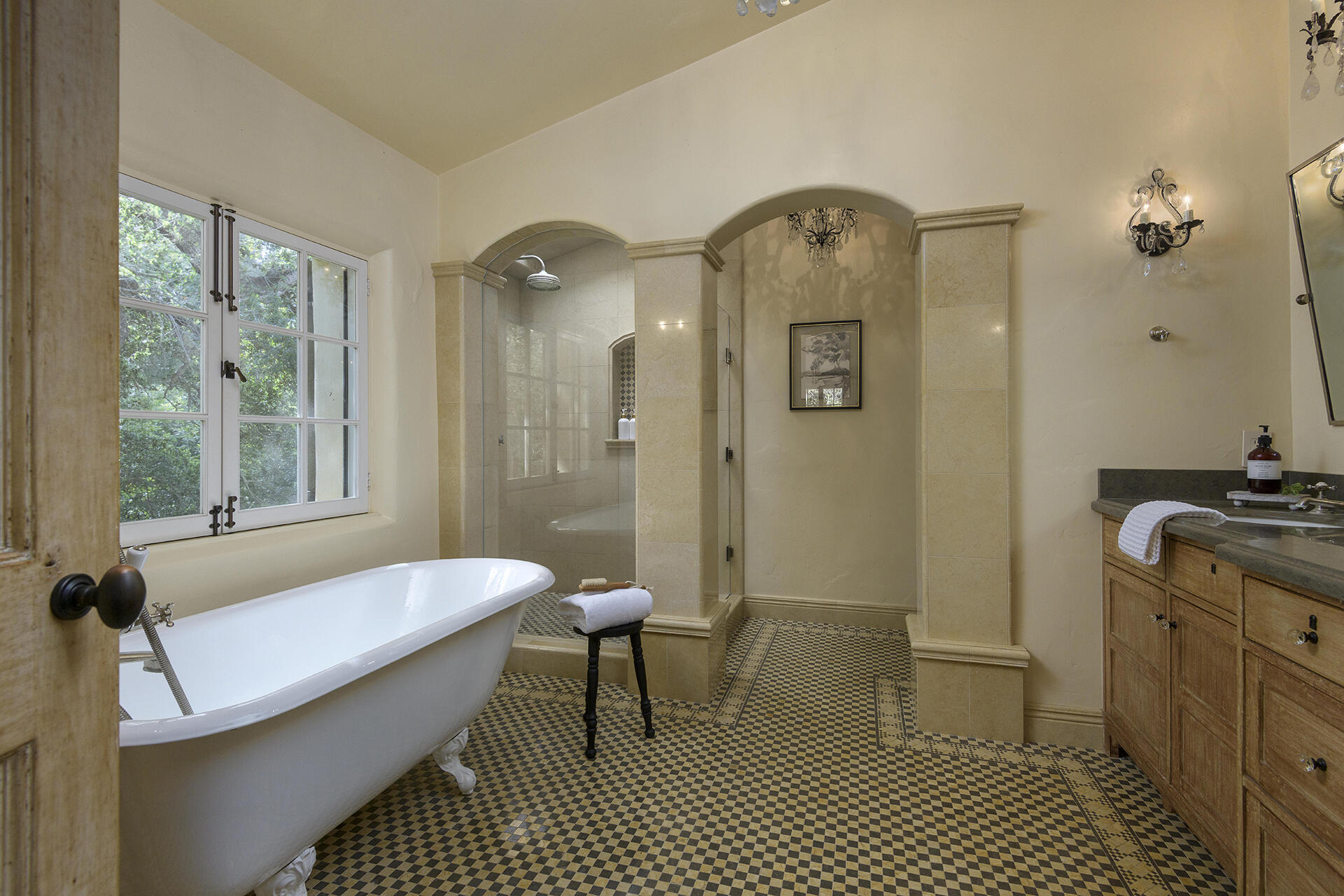 640 El Bosque Road Montecito, CA 93108 - Photo 17 of 36 a bathroom with a granite countertop sink a toilet a mirror and shower