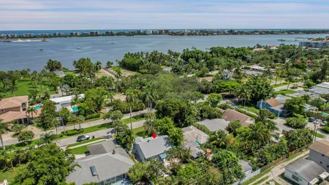 a view of a lake with a city