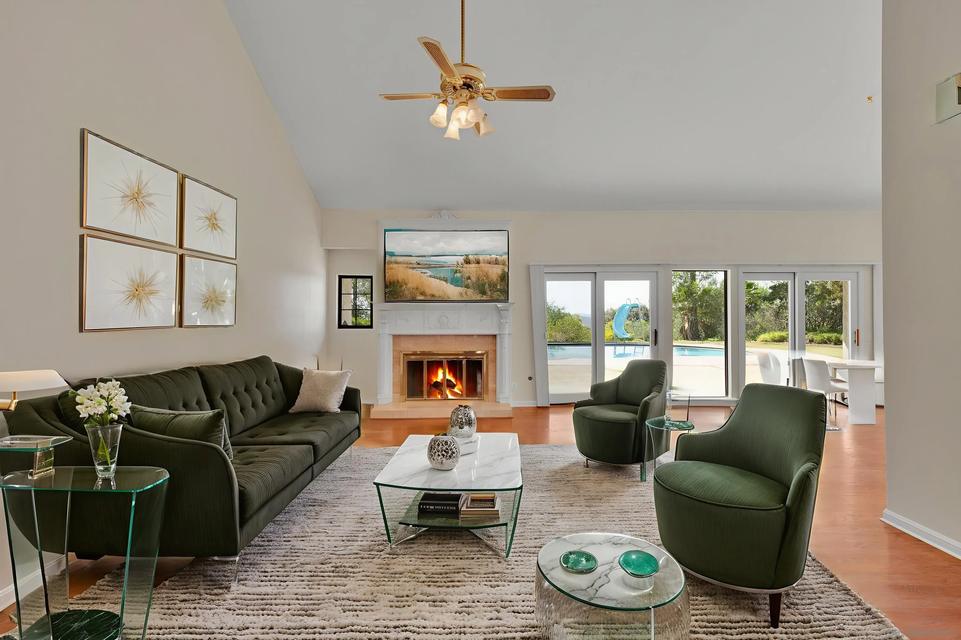 15235 Crestview Court Poway, CA 92064 - Photo 8 of 75 a living room with furniture a fireplace and a large window