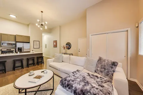 a living room with furniture potted plant and kitchen view