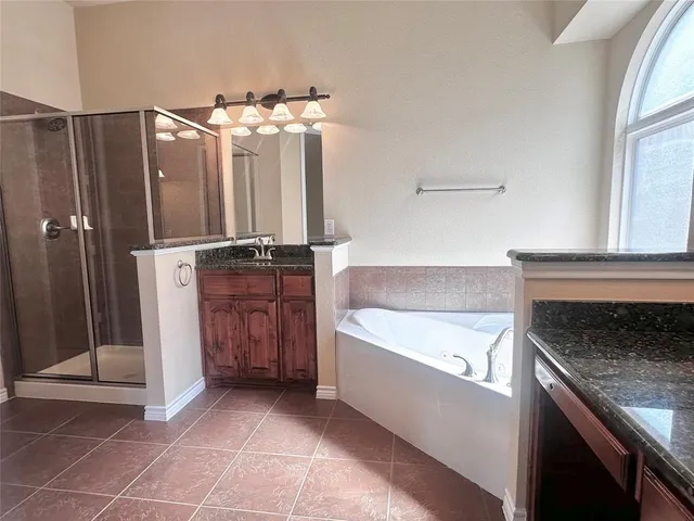 a bathroom with a granite countertop sink a bathtub and shower