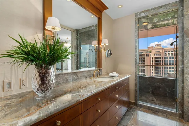 a bathroom with a granite countertop sink a potted plant and a mirror