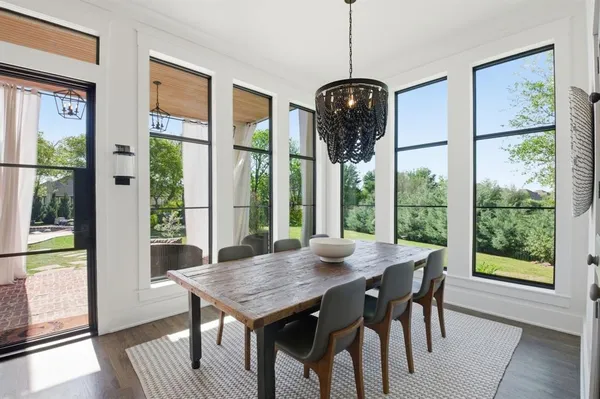 a view of a dining room with furniture window and outside view