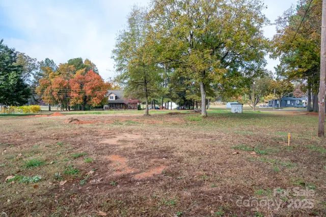 a view of a field with trees in the background