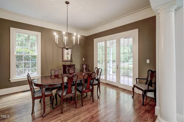 a view of a dining room with furniture window and outside view