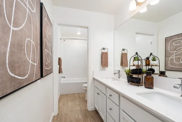 a bathroom with a double vanity sink a mirror and a bathtub