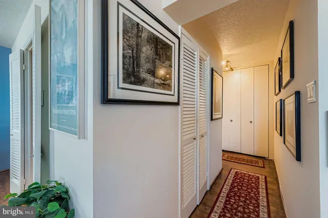 a view of hallway with wooden floor and a rug