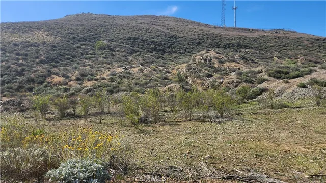 a view of a dry yard with mountains in the background