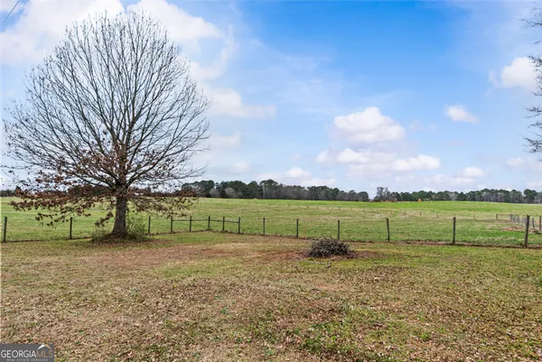 a view of a garden with a house in the background