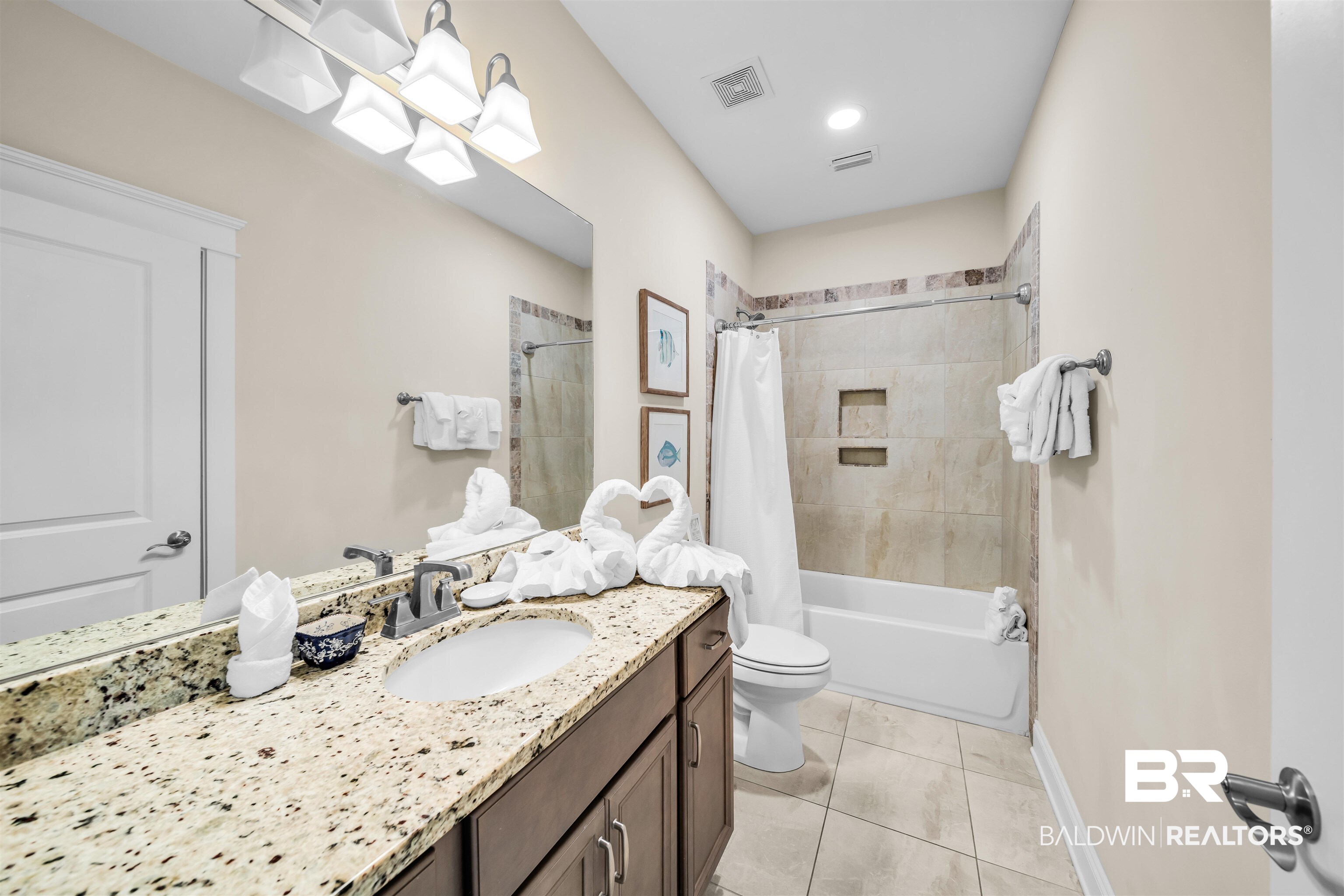 47 Parks Edge Orange Beach, AL 36561 - Photo 22 of 40 Full bath featuring vanity, shower / bath combination with curtain, and tile patterned flooring