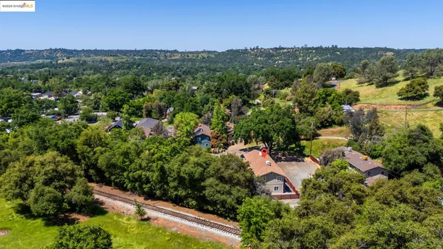 a view of a garden with a houses