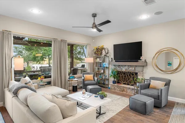 a living room with fireplace furniture and a flat screen tv