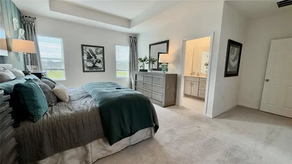 a spacious bedroom with a bed and cabinets