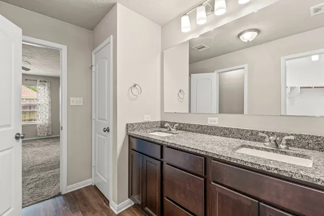 a bathroom with a granite countertop sink and a mirror
