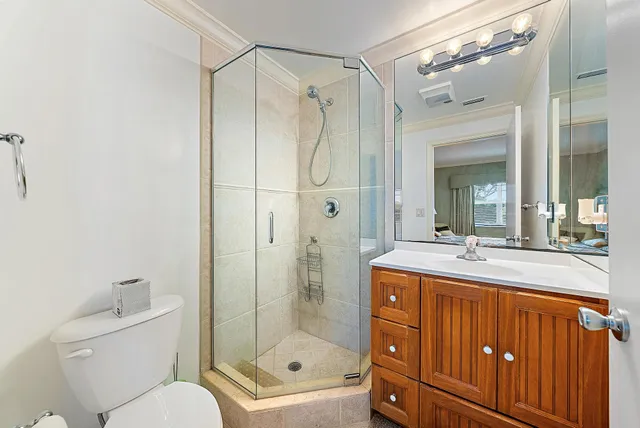 a bathroom with a granite countertop sink toilet and shower