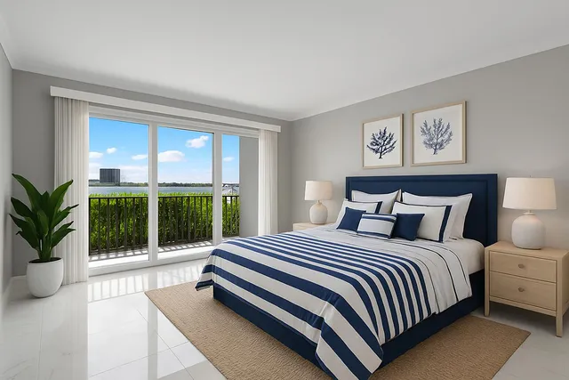 a bedroom with a large bed and a large window