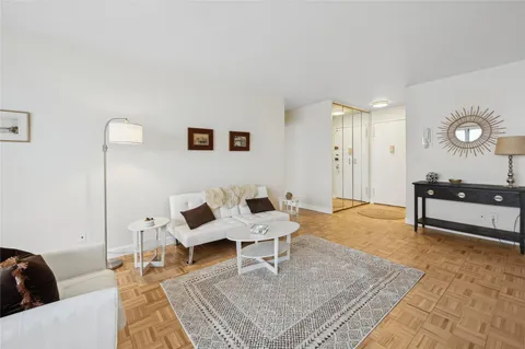 a living room with furniture and a rug