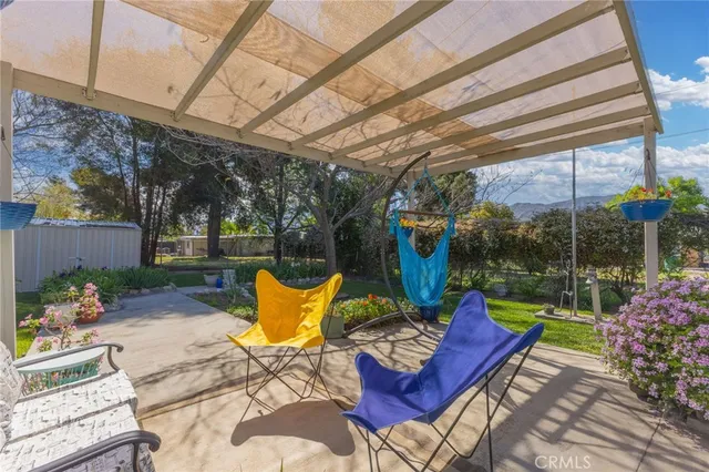 a garden view with a seating space