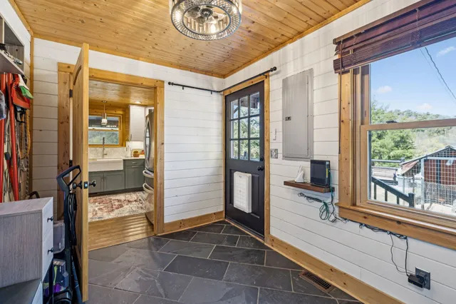 a view of a terrace with trees