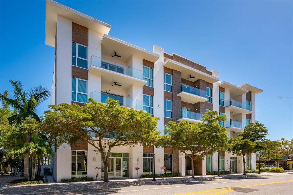 a front view of a multi story building