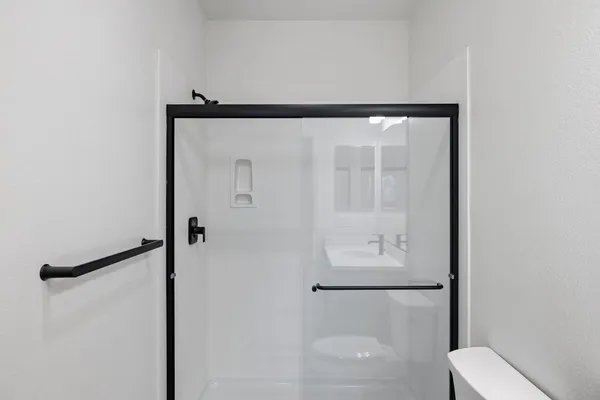 a bathroom with a shower and a toilet