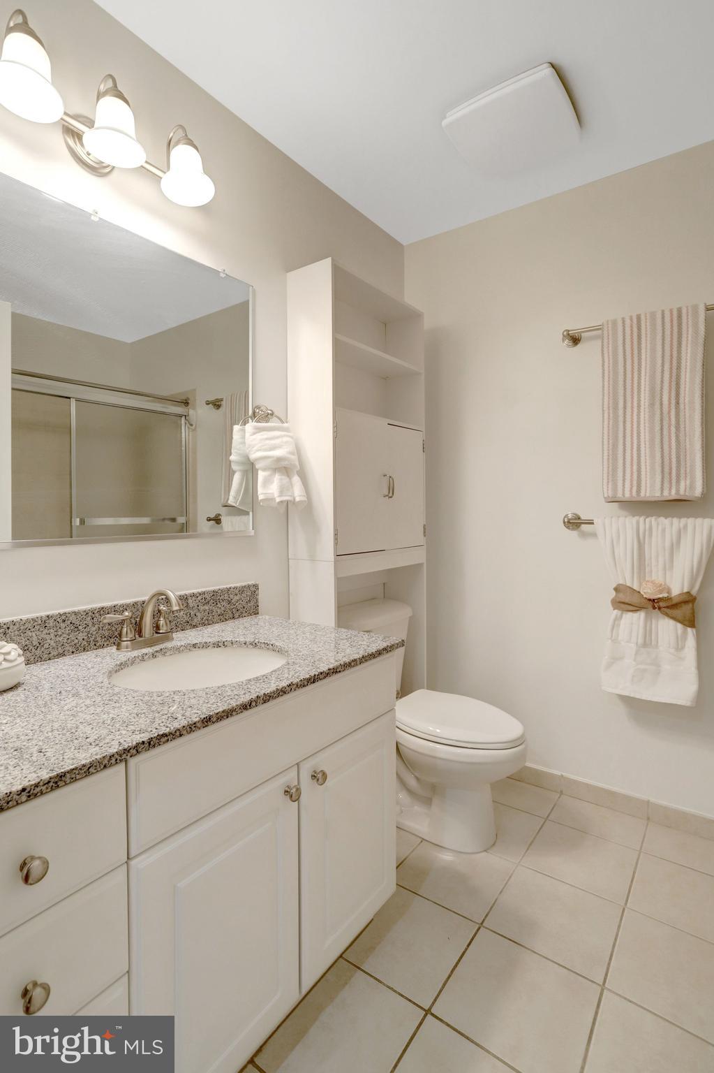 3650 South Glebe Road, Unit 442 Arlington, VA 22202 - Photo 22 of 54 a bathroom with a granite countertop sink mirror vanity and toilet