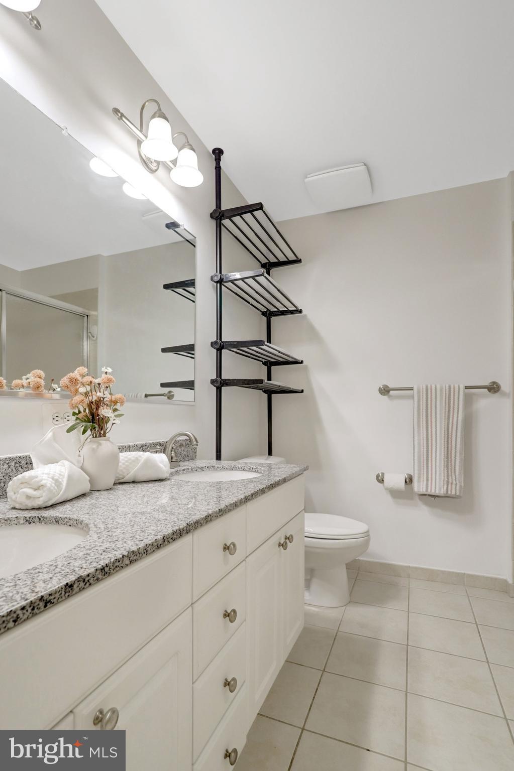 3650 South Glebe Road, Unit 442 Arlington, VA 22202 - Photo 35 of 54 a bathroom with a granite countertop sink mirror vanity and toilet