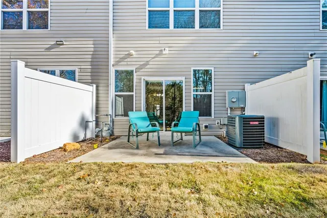 a building outdoor space with patio furniture