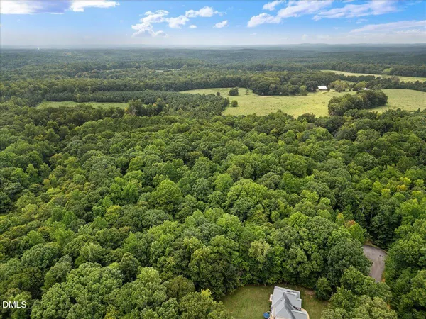an aerial view of residential houses with outdoor space and trees