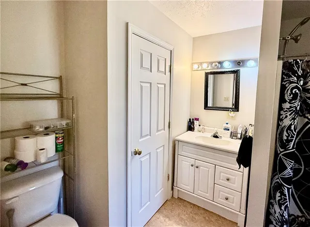 a bathroom with a sink toilet vanity and tub