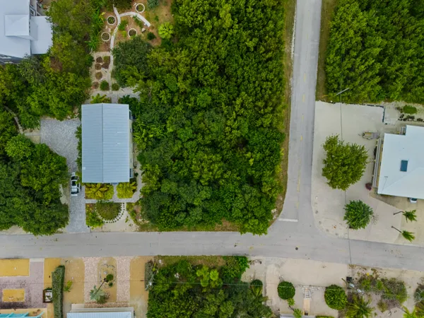 an aerial view of a house with a yard and garden
