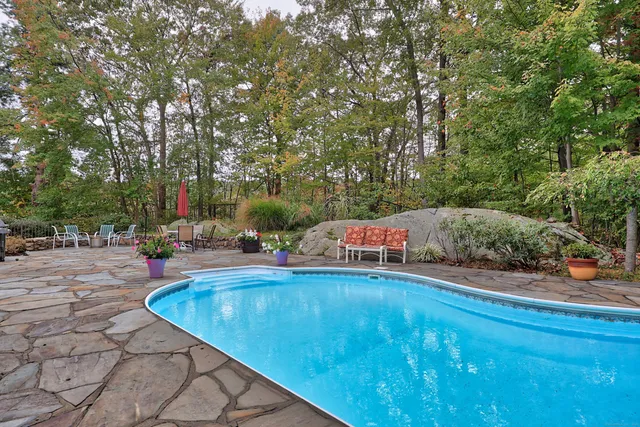 a view of a swimming pool with lawn chairs and plants