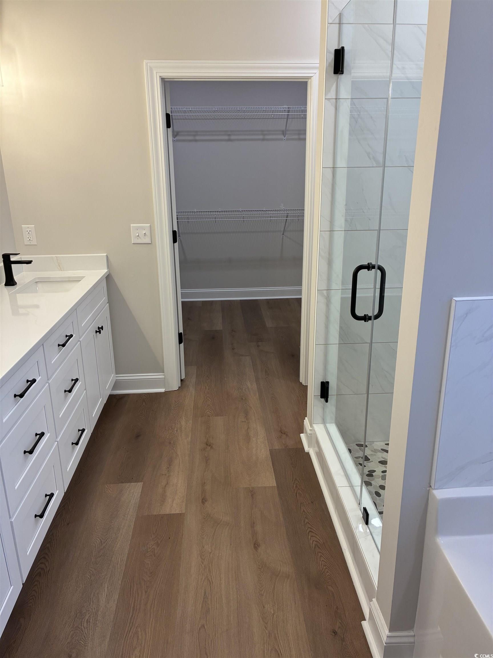 6927 Pauley Swamp Road Conway, SC 29527 - Photo 31 of 40 Full bath featuring vanity, a walk in closet, dark wood finished floors, and a stall shower