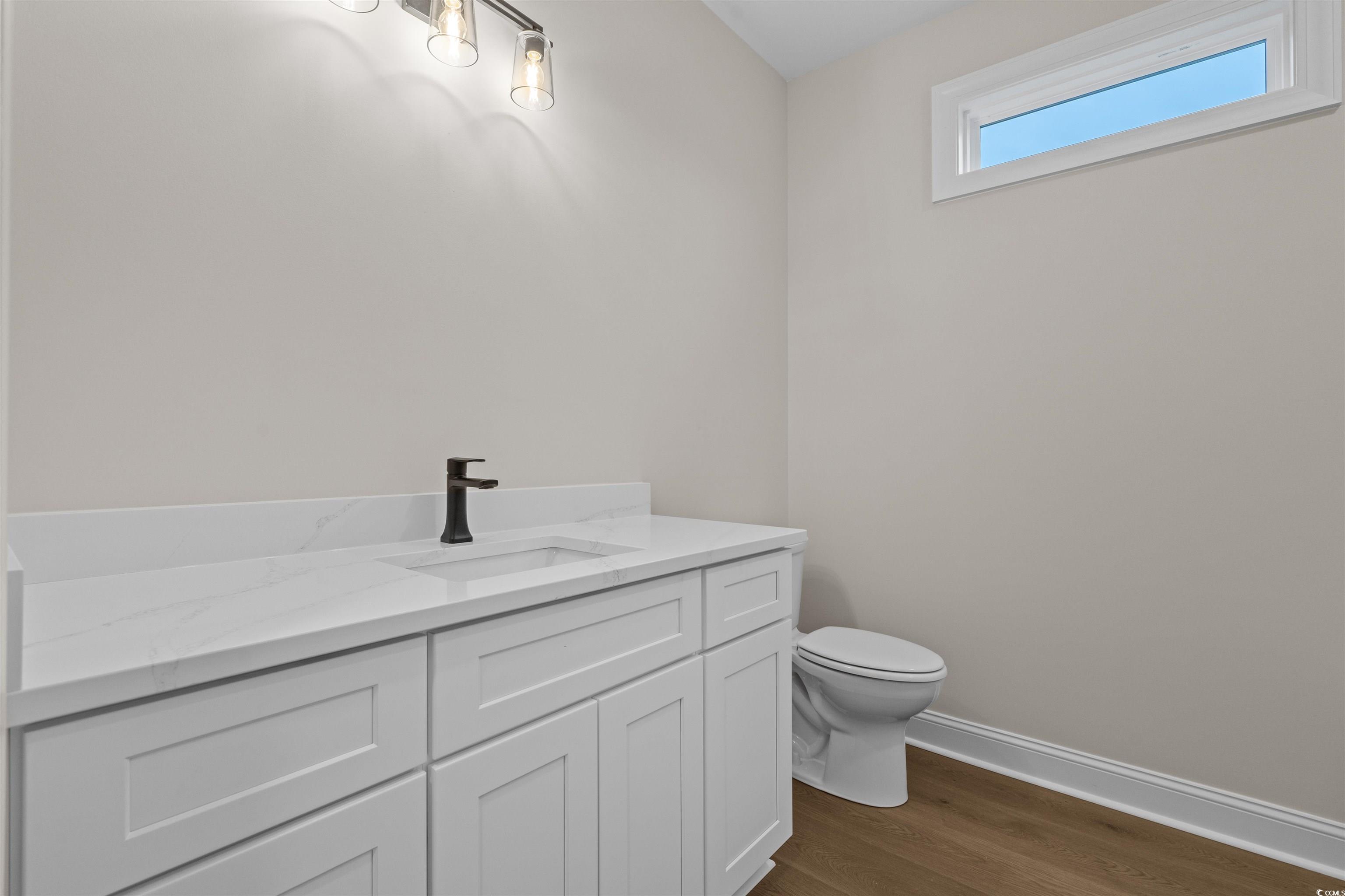 6927 Pauley Swamp Road Conway, SC 29527 - Photo 37 of 40 Half bathroom featuring dark wood-style flooring and vanity