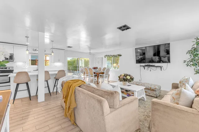 a living room with furniture and a potted plant