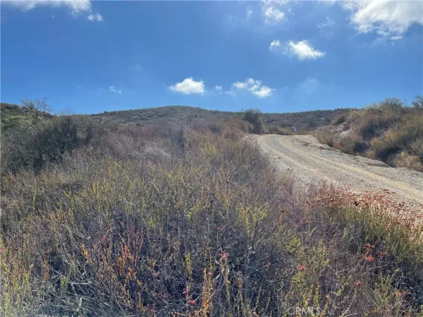 a view of a dry yard with mountains in the background