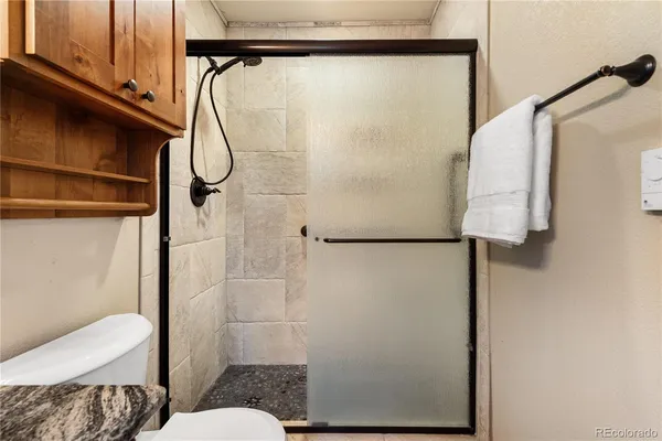 a bathroom with a shower toilet and sink