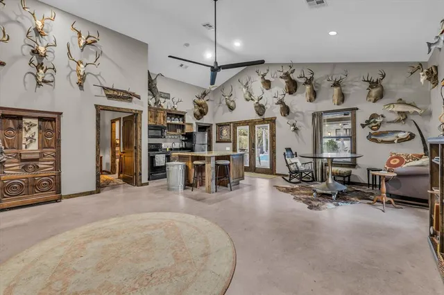 a view of a garage with furniture